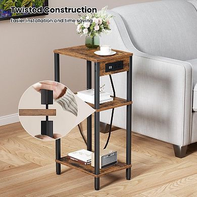 3 Tier Side Table with Fast Charging Station Narrow Bedside Table for Living Room Bedroom Office