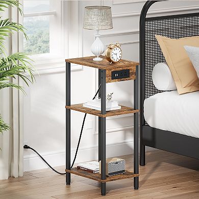3 Tier Side Table with Fast Charging Station Narrow Bedside Table for Living Room Bedroom Office
