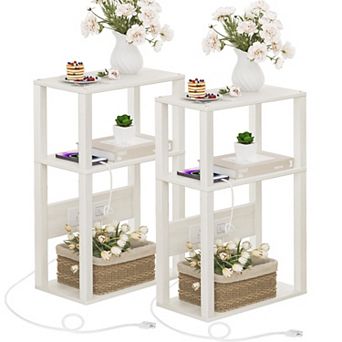 3 tier Narrow Wood Side Table with Charging Station Skinny Nightstand for Small Spaces Storage