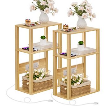 3 tier Narrow Wood Side Table with Charging Station Skinny Nightstand for Small Spaces Storage