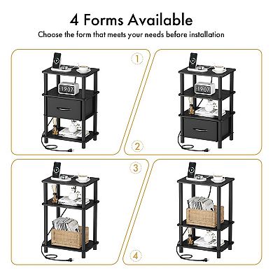 Bedroom Nightstand with Charging Station, Adjustable Fabric Drawer, 3-Tier, Tool-Free Install Side