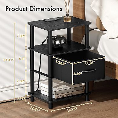 Bedroom Nightstand with Charging Station, Adjustable Fabric Drawer, 3-Tier, Tool-Free Install Side