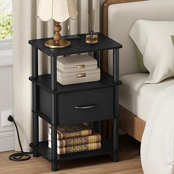 Bedroom Nightstand with Charging Station, Adjustable Fabric Drawer, 3 tier Tool-Free Install Side
