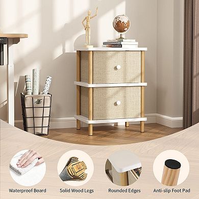 Nightstand 2 Storage Drawers Boho Solid Wood End Table for Small Spaces Bedroom Living Room Entryway