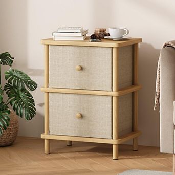Nightstand 2 Storage Drawers Boho Solid Wood End Table for Small Spaces Bedroom Living Room Entryway
