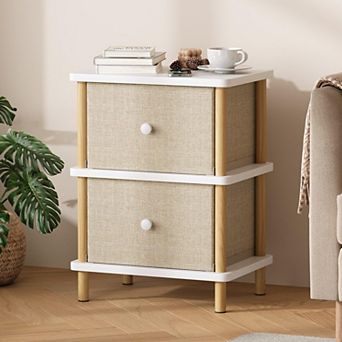 Nightstand 2 Storage Drawers Boho Solid Wood End Table for Small Spaces Bedroom Living Room Entryway