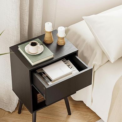 Modern Fluted Nightstand: Storage Drawer Open Shelf, MDF Bedside Table for Bedroom Living