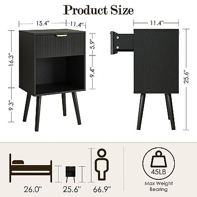 Modern Fluted Nightstand: Storage Drawer Open Shelf, MDF Bedside Table for Bedroom Living
