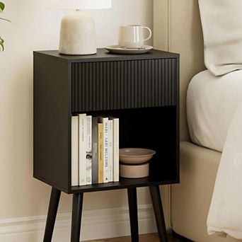 Modern Fluted Nightstand: Storage Drawer Open Shelf, MDF Bedside Table for Bedroom Living