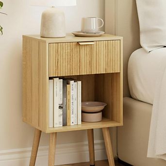Modern Fluted Nightstand: Storage Drawer Open Shelf, MDF Bedside Table for Bedroom Living