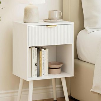 Modern Fluted Nightstand: Storage Drawer Open Shelf, MDF Bedside Table for Bedroom Living