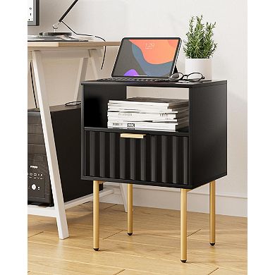 Modern Night Stand with Drawer Shelf Light Oak Bedside Table for Bedroom Living Room