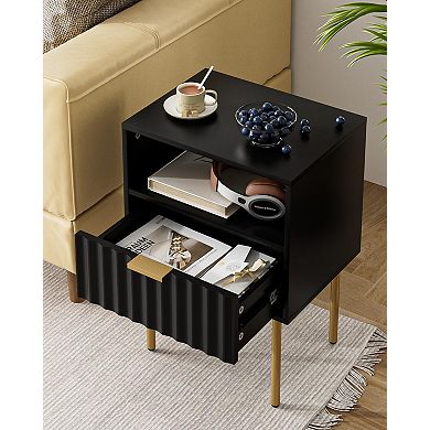 Modern Night Stand with Drawer Shelf Light Oak Bedside Table for Bedroom Living Room