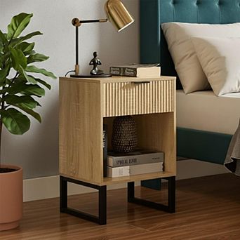 Rustic Brown Fluted Drawer Nightstand Mid Century Modern Small Space Industrial Storage Bedside