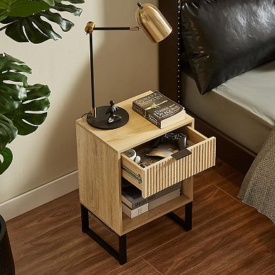 Rustic Brown Fluted Drawer Nightstand Mid Century Modern Small Space Industrial Storage Bedside