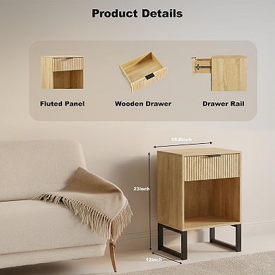 Rustic Brown Fluted Drawer Nightstand Mid Century Modern Small Space Industrial Storage Bedside
