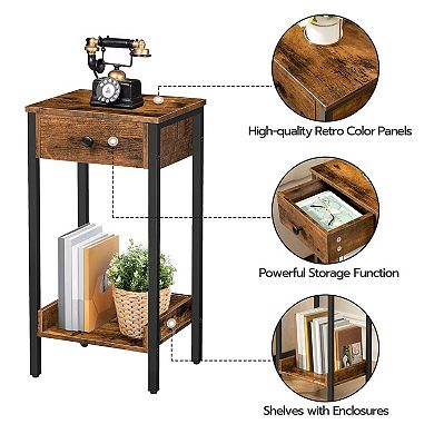 Tall Industrial End Table Nightstand with Drawer Storage Shelf Space Saving