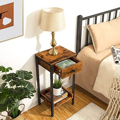 Tall Industrial End Table Nightstand with Drawer Storage Shelf Space Saving