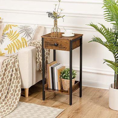 Tall Industrial End Table Nightstand with Drawer Storage Shelf Space Saving