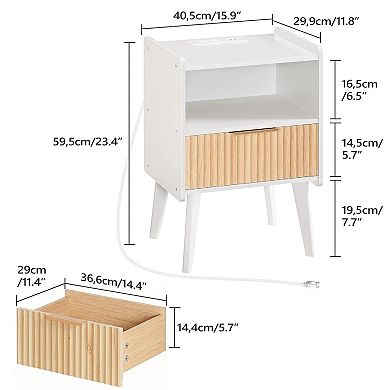 Nightstand with Charging Station Bedside Table Drawer Storage Shelf Small Space Solid Wood Legs