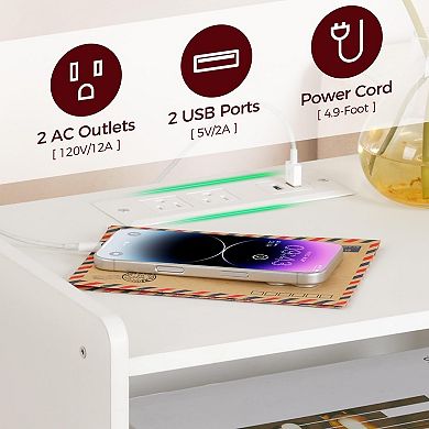 Nightstand with Charging Station Bedside Table Drawer Storage Shelf Small Space Solid Wood Legs
