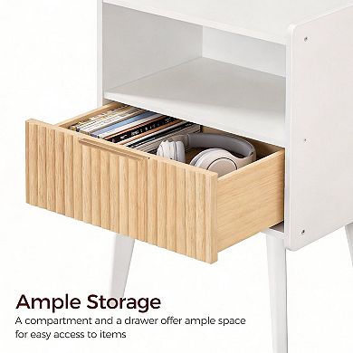 Nightstand with Charging Station Bedside Table Drawer Storage Shelf Small Space Solid Wood Legs