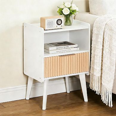 Nightstand with Charging Station Bedside Table Drawer Storage Shelf Small Space Solid Wood Legs