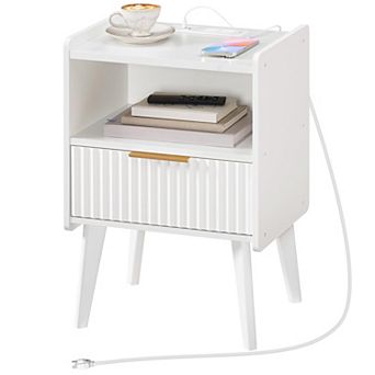 Nightstand with Charging Station Bedside Table Drawer Storage Shelf Small Space Solid Wood Legs