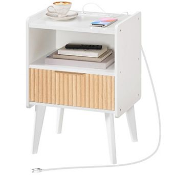 Nightstand with Charging Station Bedside Table Drawer Storage Shelf Small Space Solid Wood Legs