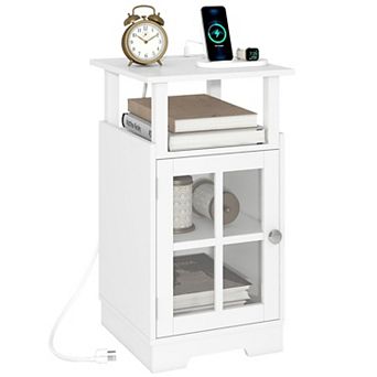 Nightstand With Charging Station Modern Side Table Bedside Storage Glass Door Mid Century Bedroom