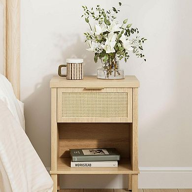 Boho Rattan Nightstand Drawer Open Shelf Compact Storage Bedside Table