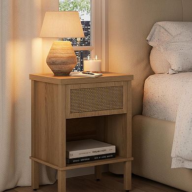 Boho Rattan Nightstand Drawer Open Shelf Compact Storage Bedside Table