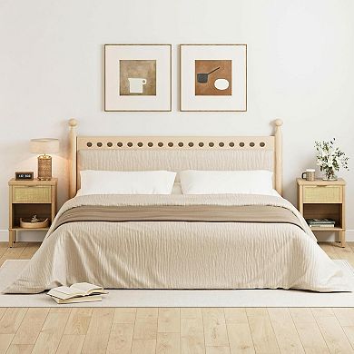 Boho Rattan Nightstand Drawer Open Shelf Compact Storage Bedside Table