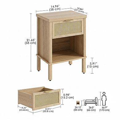 Boho Rattan Nightstand Drawer Open Shelf Compact Storage Bedside Table