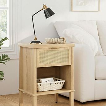Boho Rattan Nightstand Drawer Open Shelf Compact Storage Bedside Table