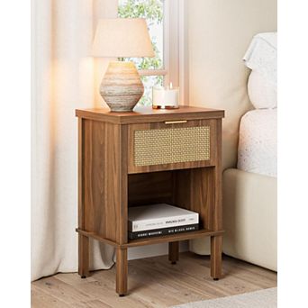 Boho Rattan Nightstand Drawer Open Shelf Compact Storage Bedside Table