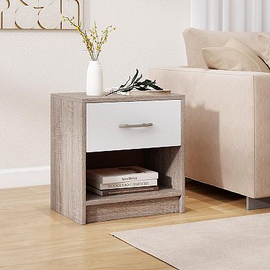 Modern Nightstand with Drawer, Open Shelf Small Accent End Table for Bedroom Living Room