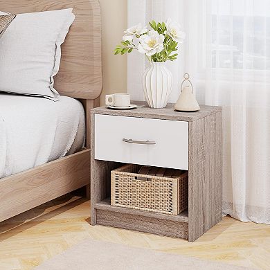 Modern Nightstand with Drawer, Open Shelf Small Accent End Table for Bedroom Living Room