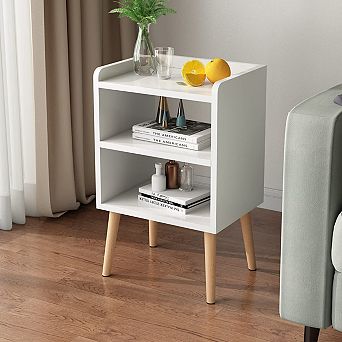 Mid Century Modern Nightstand Open Storage Solid Wood Compact Bedside Table
