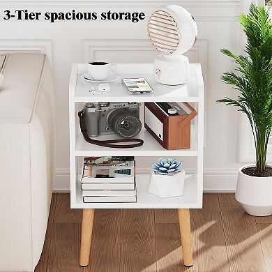 Mid Century Modern Nightstand Open Storage Solid Wood Compact Bedside Table