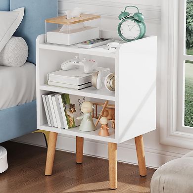Mid Century Modern Nightstand Open Storage Solid Wood Compact Bedside Table