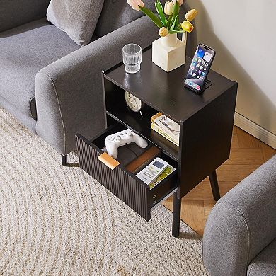Modern Nightstand 2-Tier Bedside Table with Drawer Open Storage Shelf