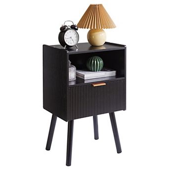 Modern Nightstand 2 tier Bedside Table with Drawer Open Storage Shelf