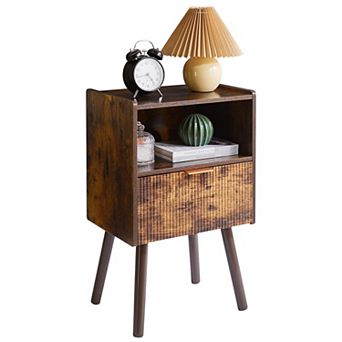 Modern Nightstand 2 tier Bedside Table with Drawer Open Storage Shelf