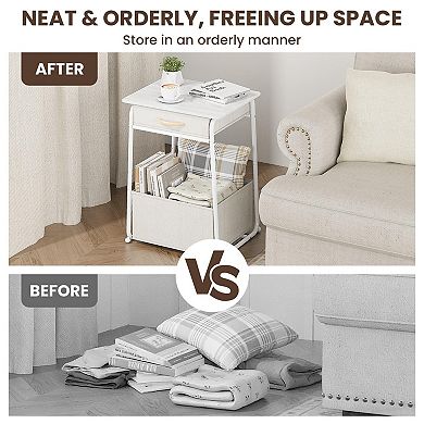 3-tier Bedside Table with Charging Station Modern Nightstand USB Port Power Outlet Basket Storage