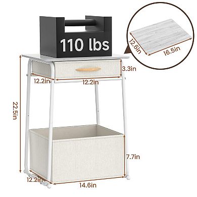 3-tier Bedside Table with Charging Station Modern Nightstand USB Port Power Outlet Basket Storage