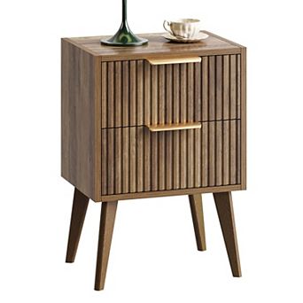 Fluted Modern Nightstand 2 Drawers Wood Bedside Table Sturdy Multipurpose