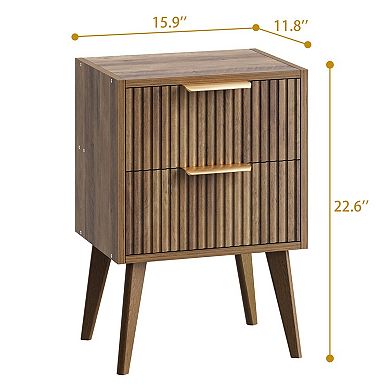 Fluted Modern Nightstand 2 Drawers Wood Bedside Table Sturdy Multipurpose