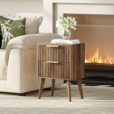 Fluted Modern Nightstand 2 Drawers Wood Bedside Table Sturdy Multipurpose