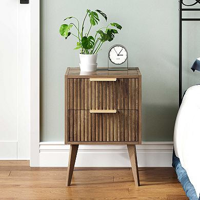 Fluted Modern Nightstand 2 Drawers Wood Bedside Table Sturdy Multipurpose